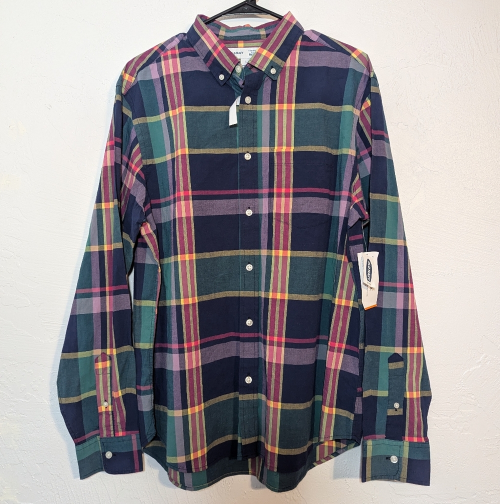 Old Navy Mens Colorful Rainbow Plaid Casual Button Down Shirt NWT Teacher Office